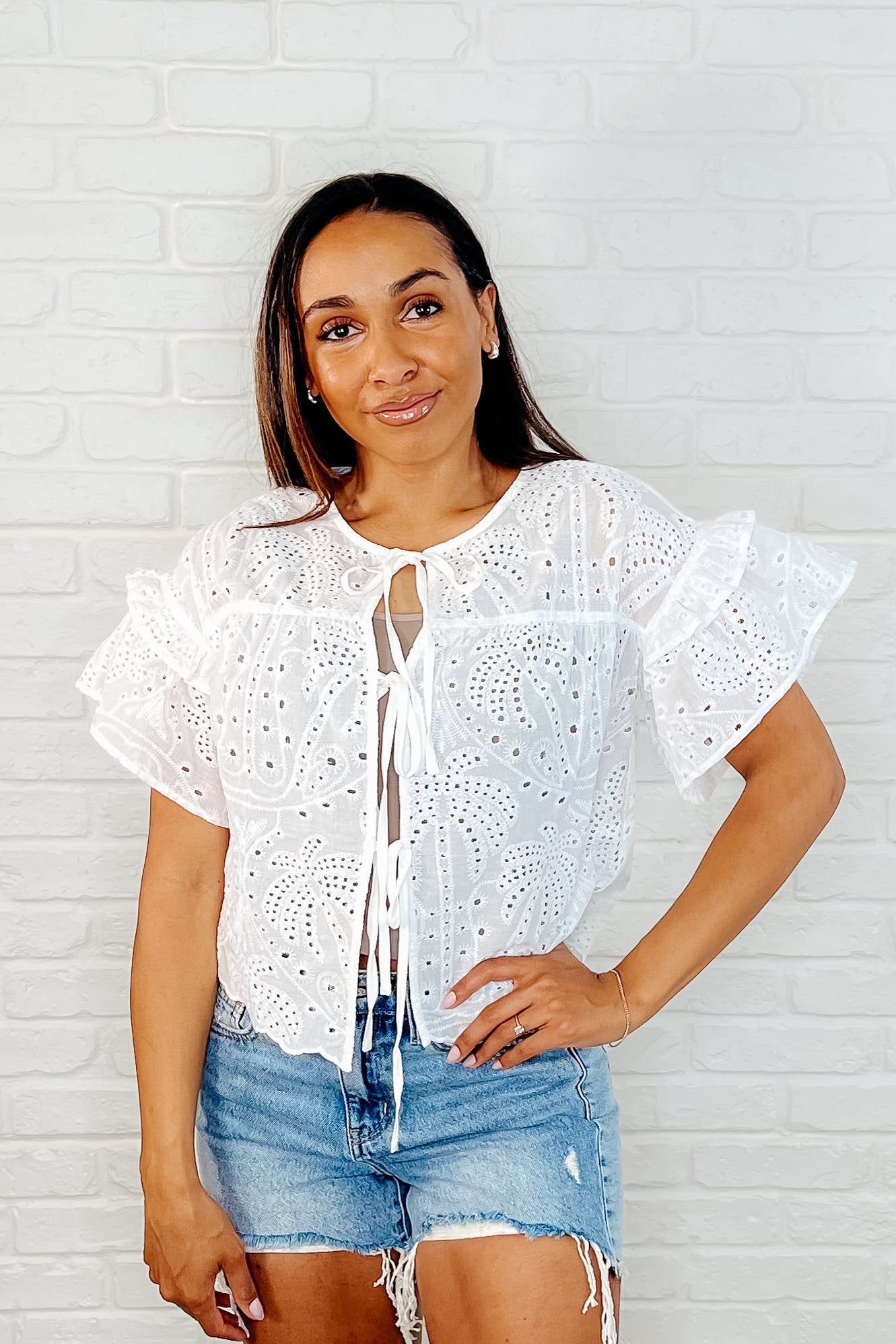 Classy As Heck Eyelet Front Tie Top in Off White