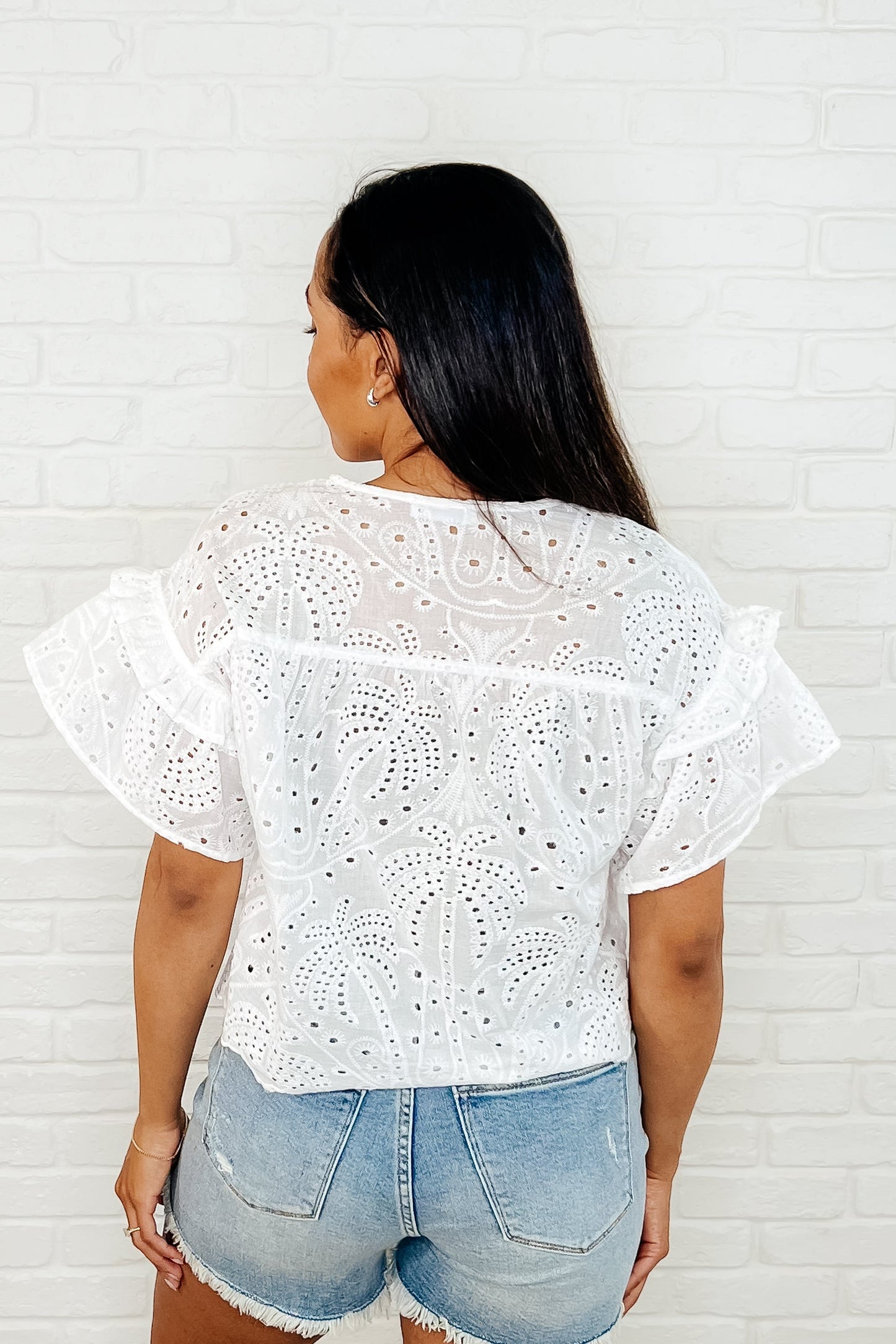 Classy As Heck Eyelet Front Tie Top in Off White