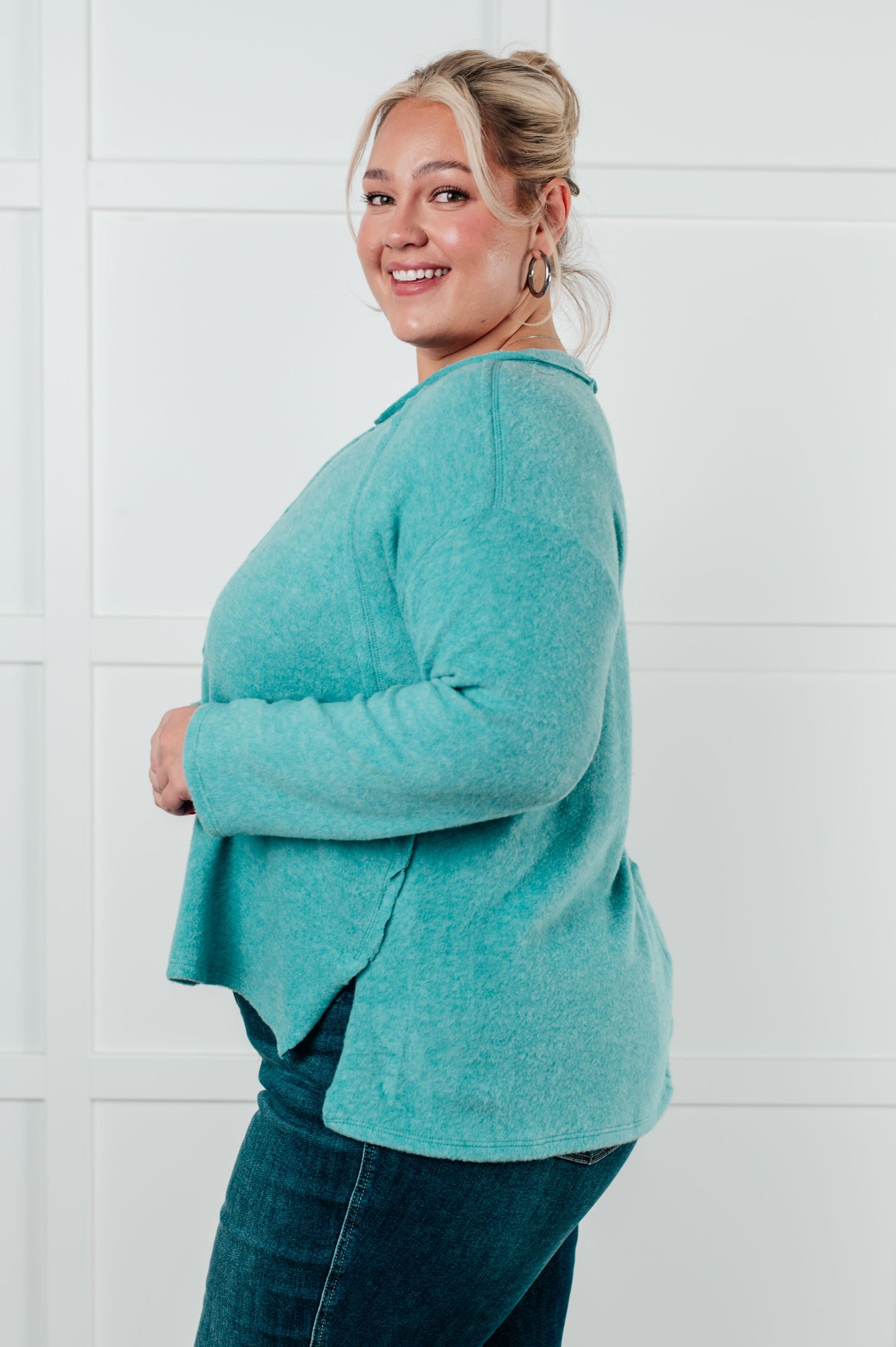 Simple Silhouette Brushed Hacci Sweater in Dusty Teal