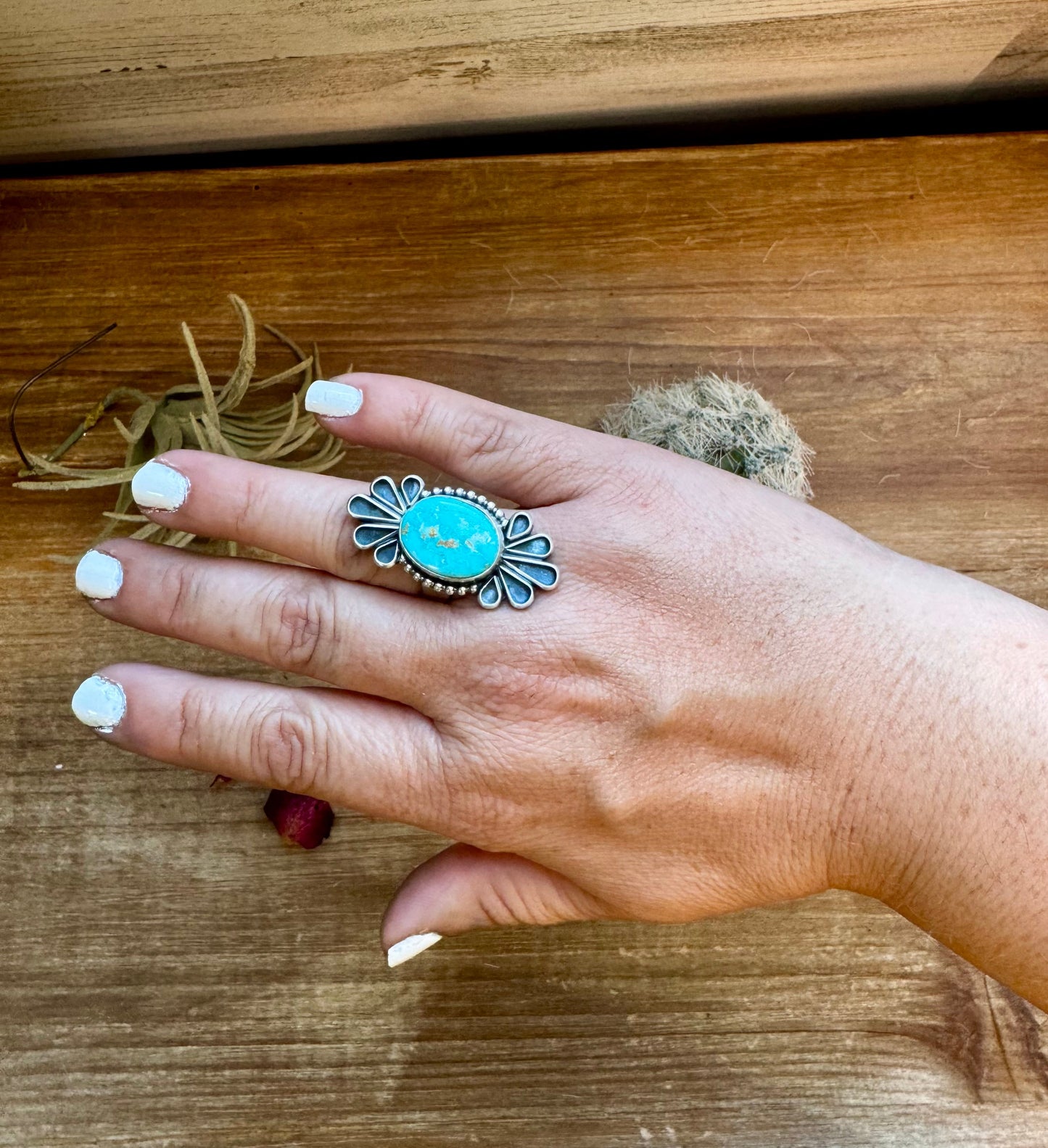 Long ring- size 9 - Royston turquoise ring and sterling silver