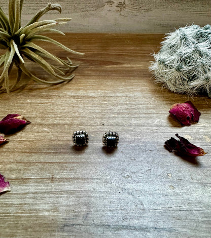 Mini square Sterling silver stud earrings with black Onyx