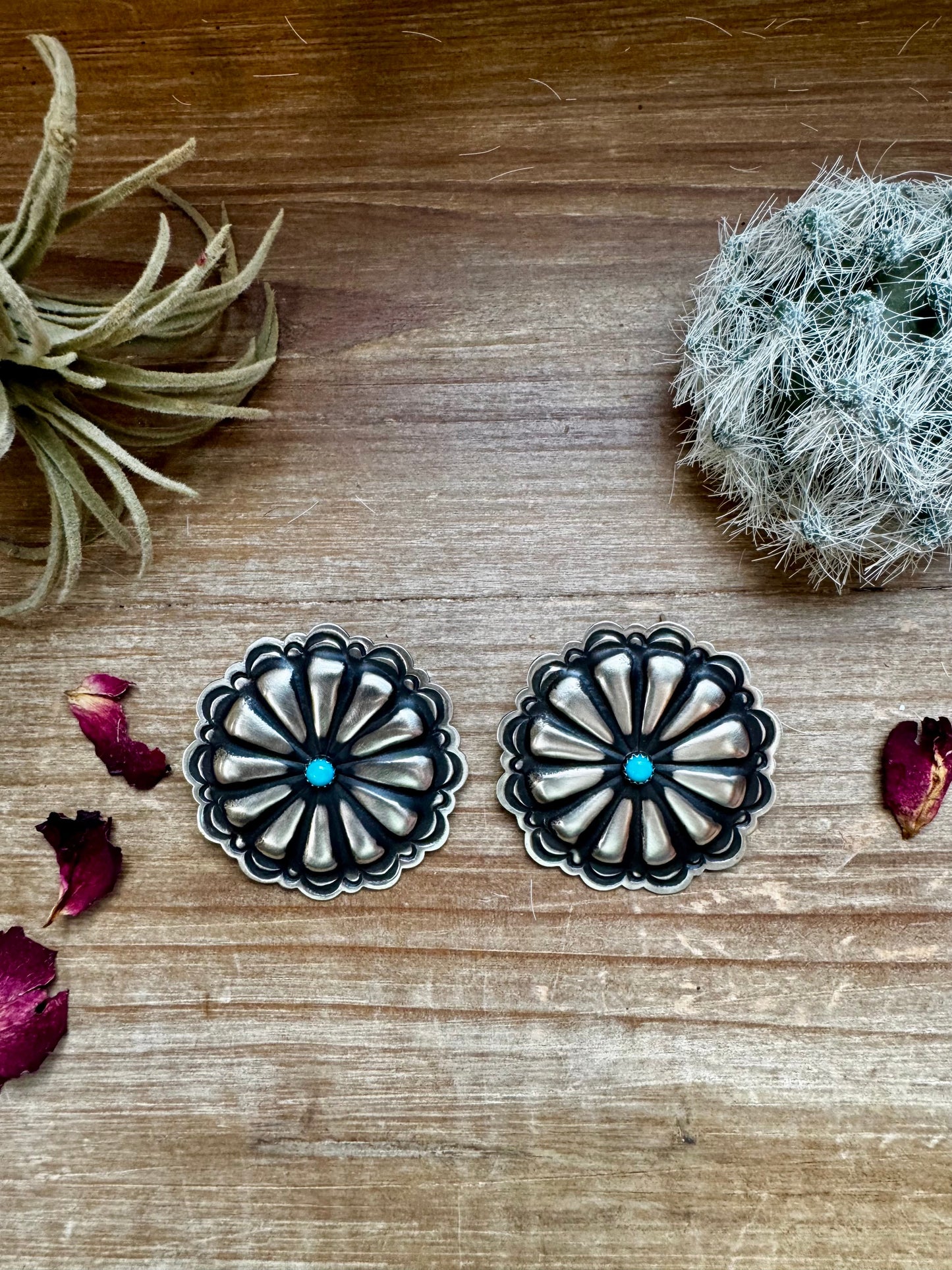 Bigger Round Sterling silver stud earrings with turquoise