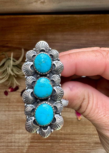 Long Ring- adjustable - 3 Kingman turquoise ring and sterling silver