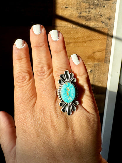 Long ring- size 9 - Royston turquoise ring and sterling silver