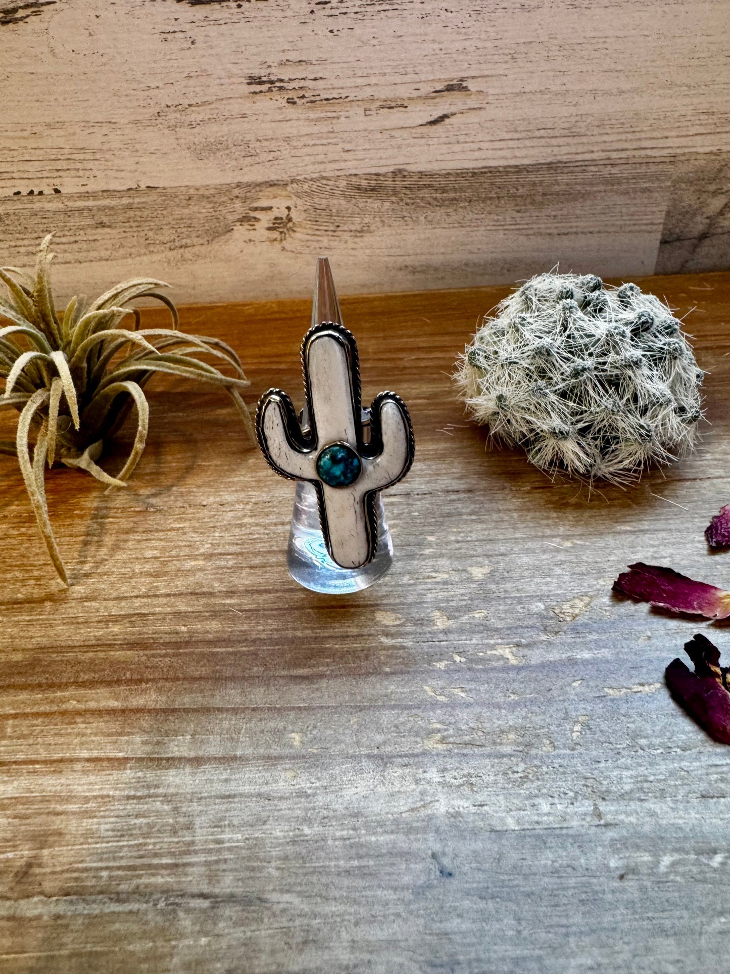 White Cactus Antler with turquoise Adjustable Ring