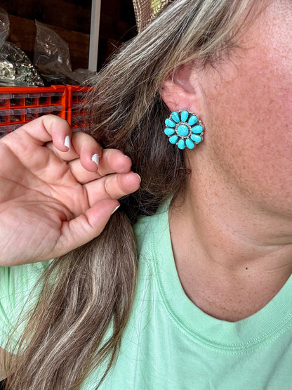 Cluster earrings stud - sterling silver and turquoise