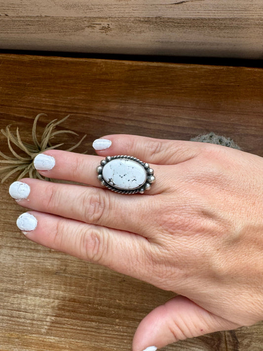 Oval ring - Adjustable- White Buffalo Ring & sterling silver