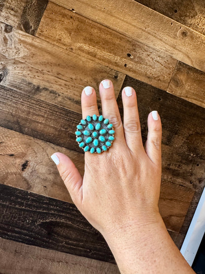 Round Cluster ring- adjustable - Kingman turquoise ring and sterling silver