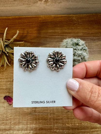 Cluster Sterling silver stud earrings with black Onyx