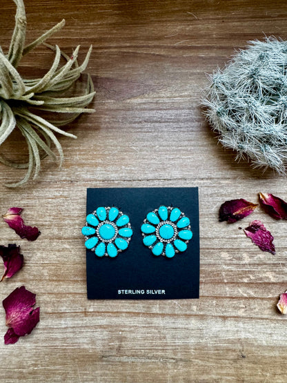 Cluster earrings stud - sterling silver and turquoise