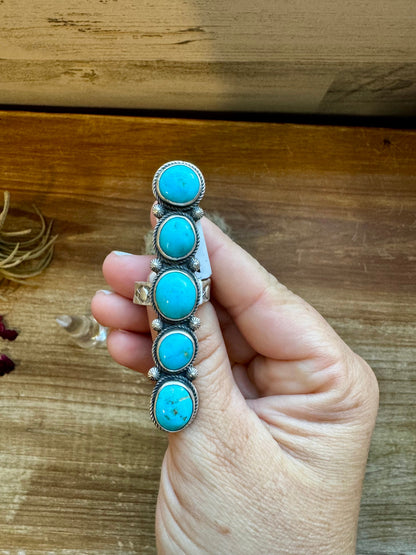 Long Ring- adjustable- Kingman turquoise ring and sterling silver