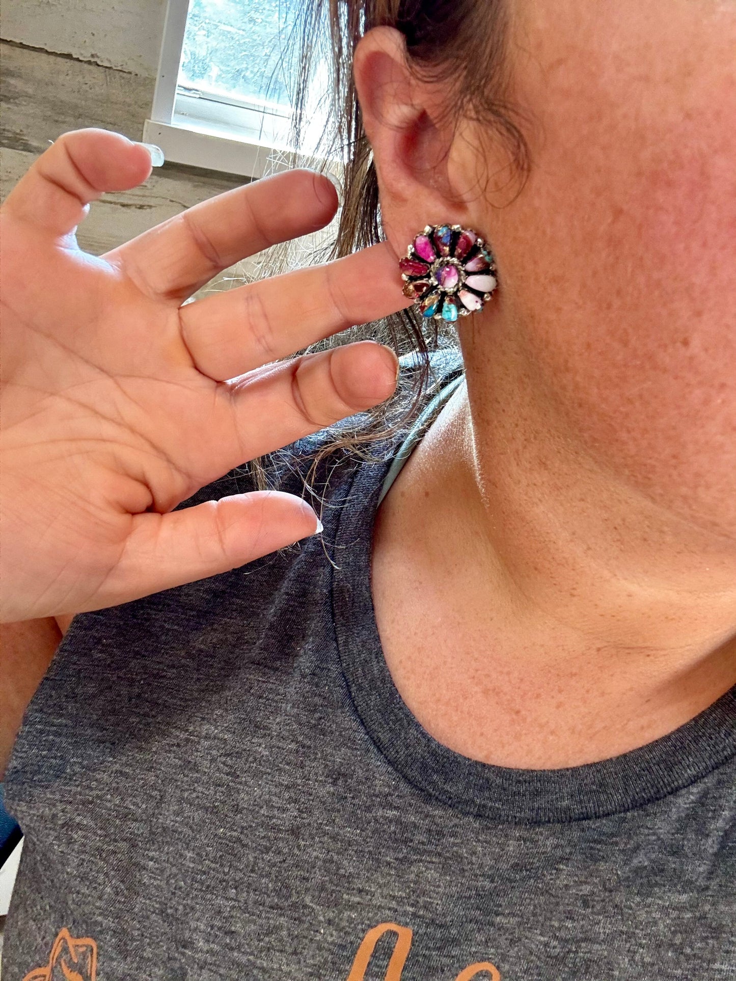 Mixed pink dahlia and purple Mohave flower stud earrings