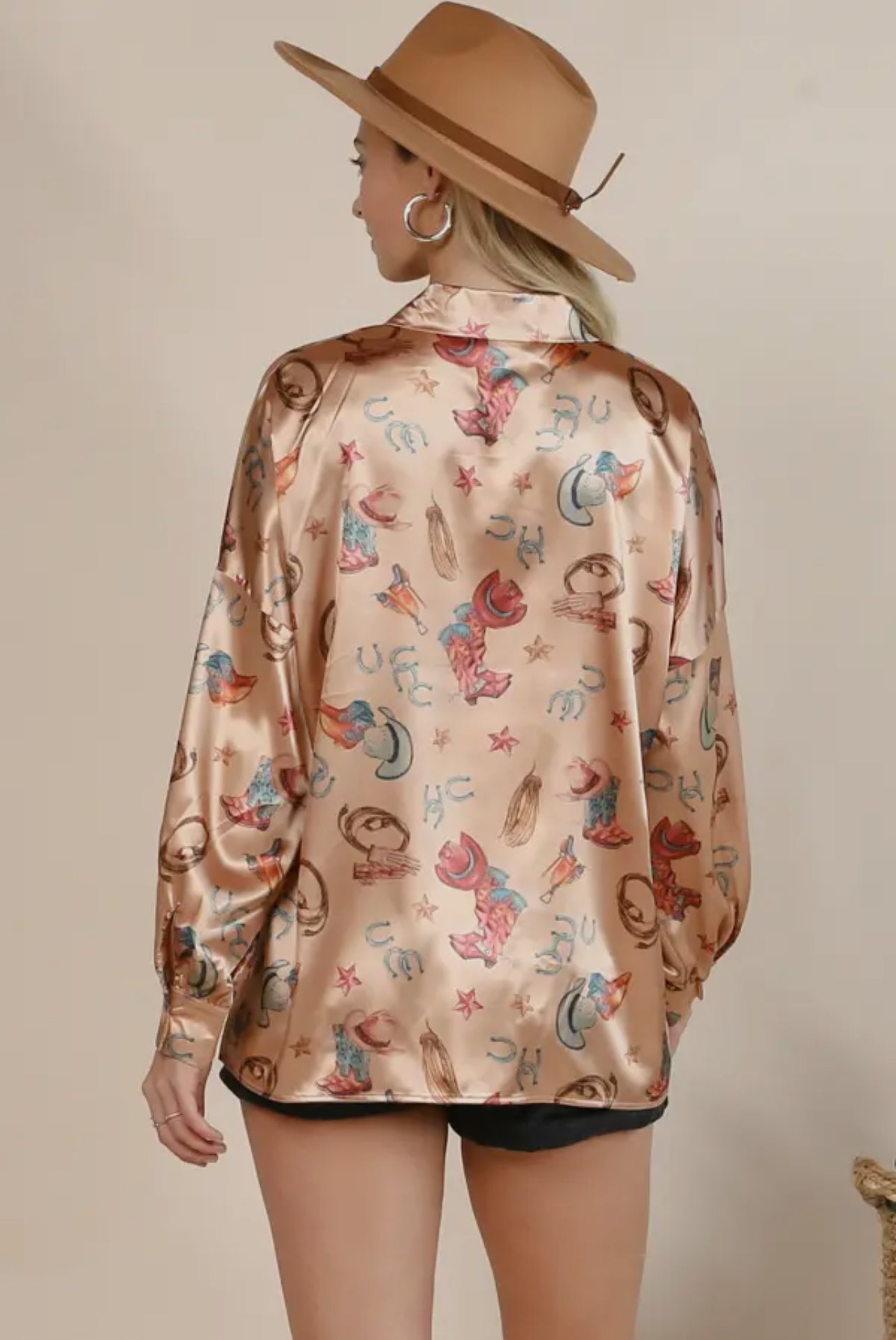 Satin Western Boots Print Collar Shirt