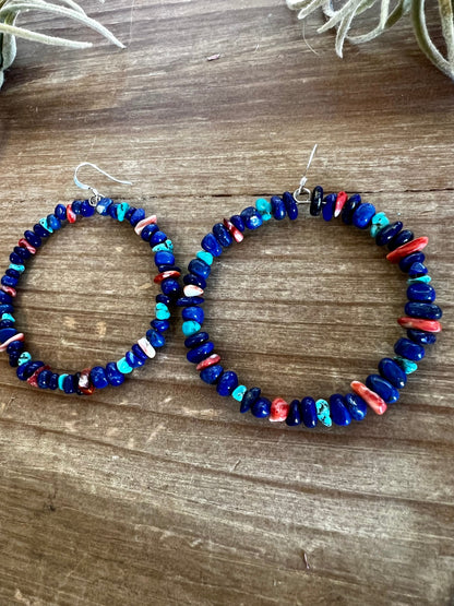 Lapis hoop earrings with spiny oyster and turquoise