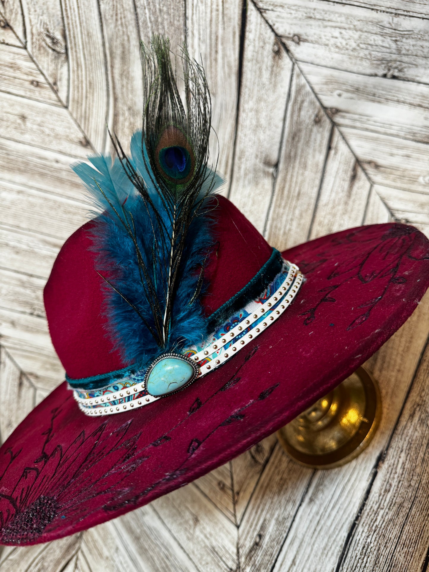 Turquoise Peacock & Boho Custom Felt Hat