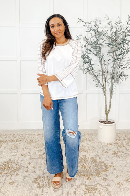 Preoccupied Striped Sleeve Top in Tan