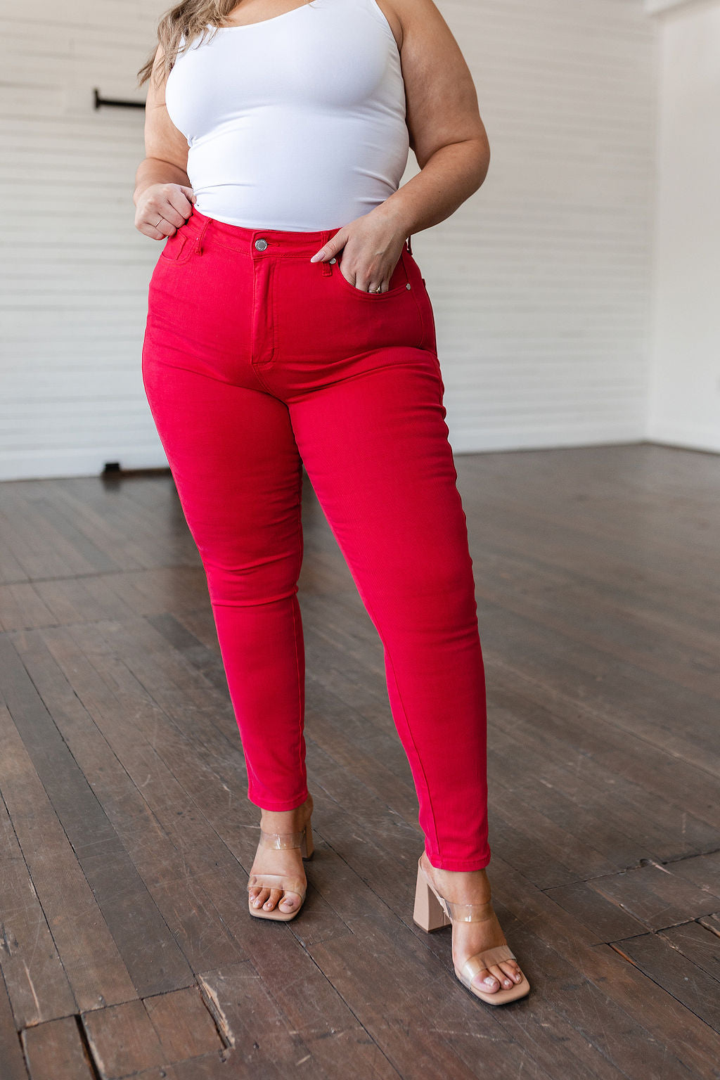 Ruby High Rise Control Top Garment Dyed Skinny Jeans in Red