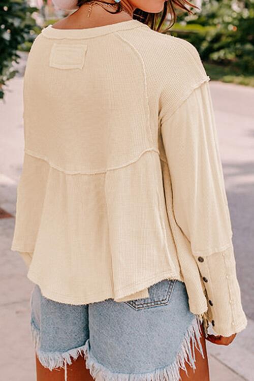 Waffle Knit Button Detail Exposed Seam Flowy Top