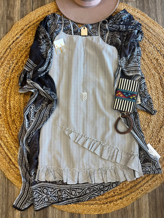 Gray & White Striped Spaghetti Strap Dress